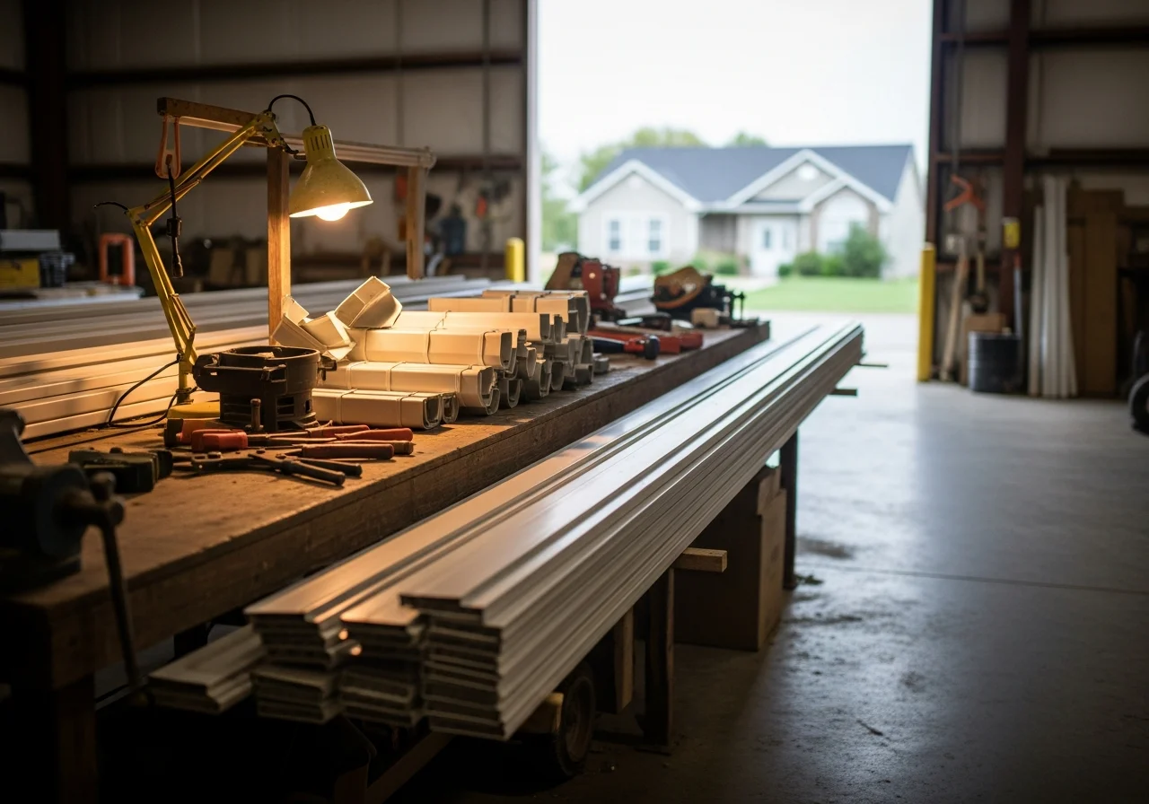 Construction crew tools and equipment staged for exterior home improvement work, including gutter and siding materials.