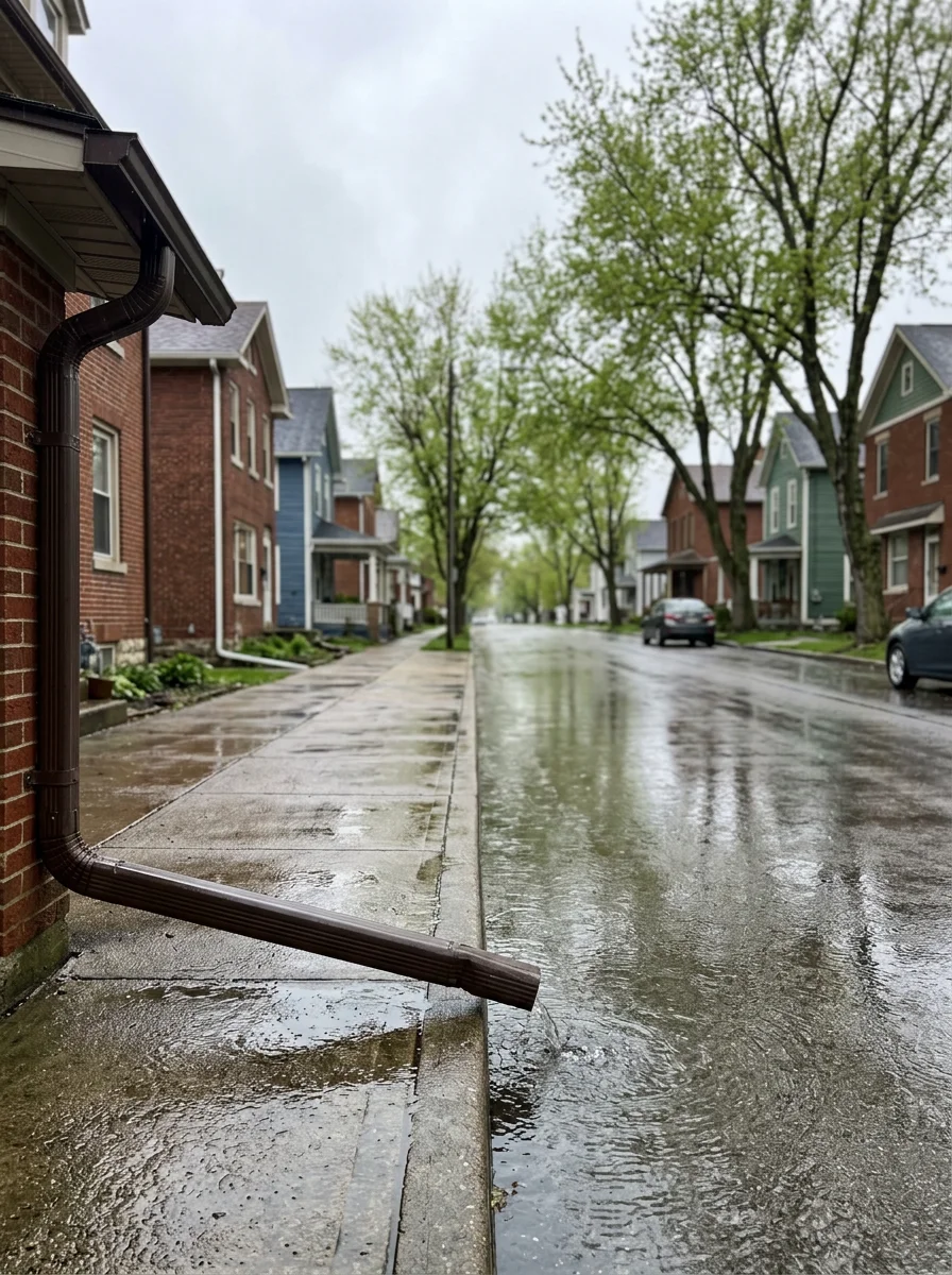 Ashland residential street lined with pre-1940s homes during spring rain, demonstrating gutter and drainage importance