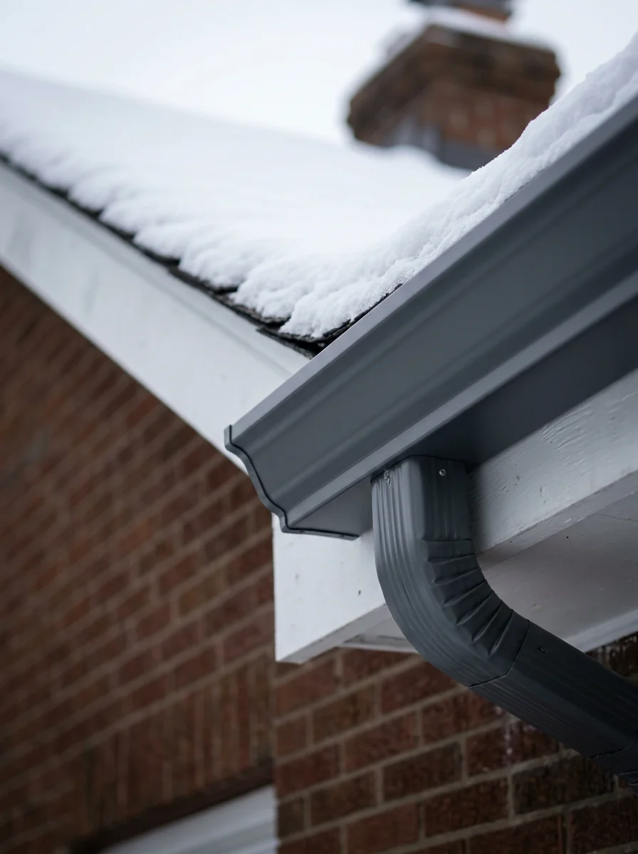 Close-up of seamless gutter installation on a home in Bellevue, with snow-covered roof in background illustrating winter weather conditions