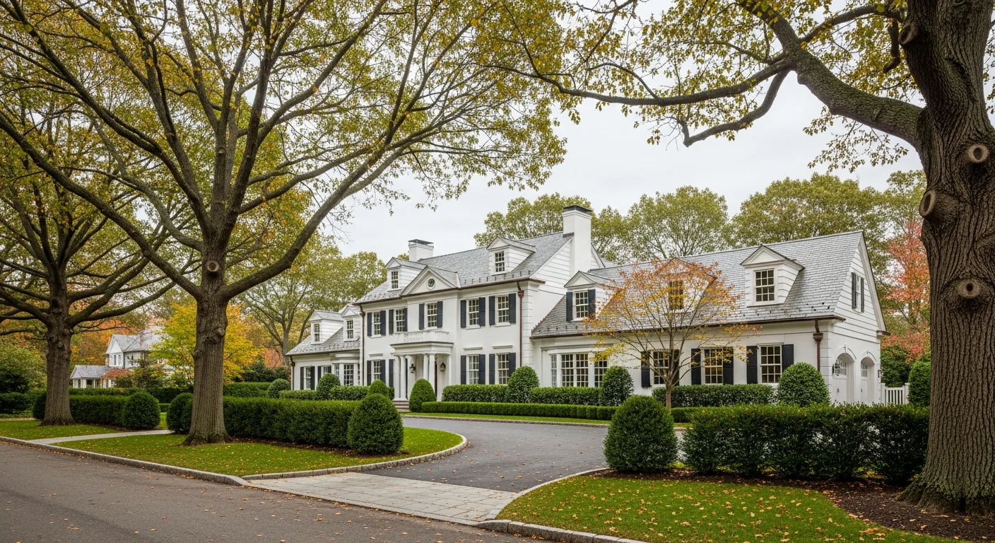 A well-maintained Greenwich residential property with manicured landscaping and a traditional colonial-style home set back from the street.