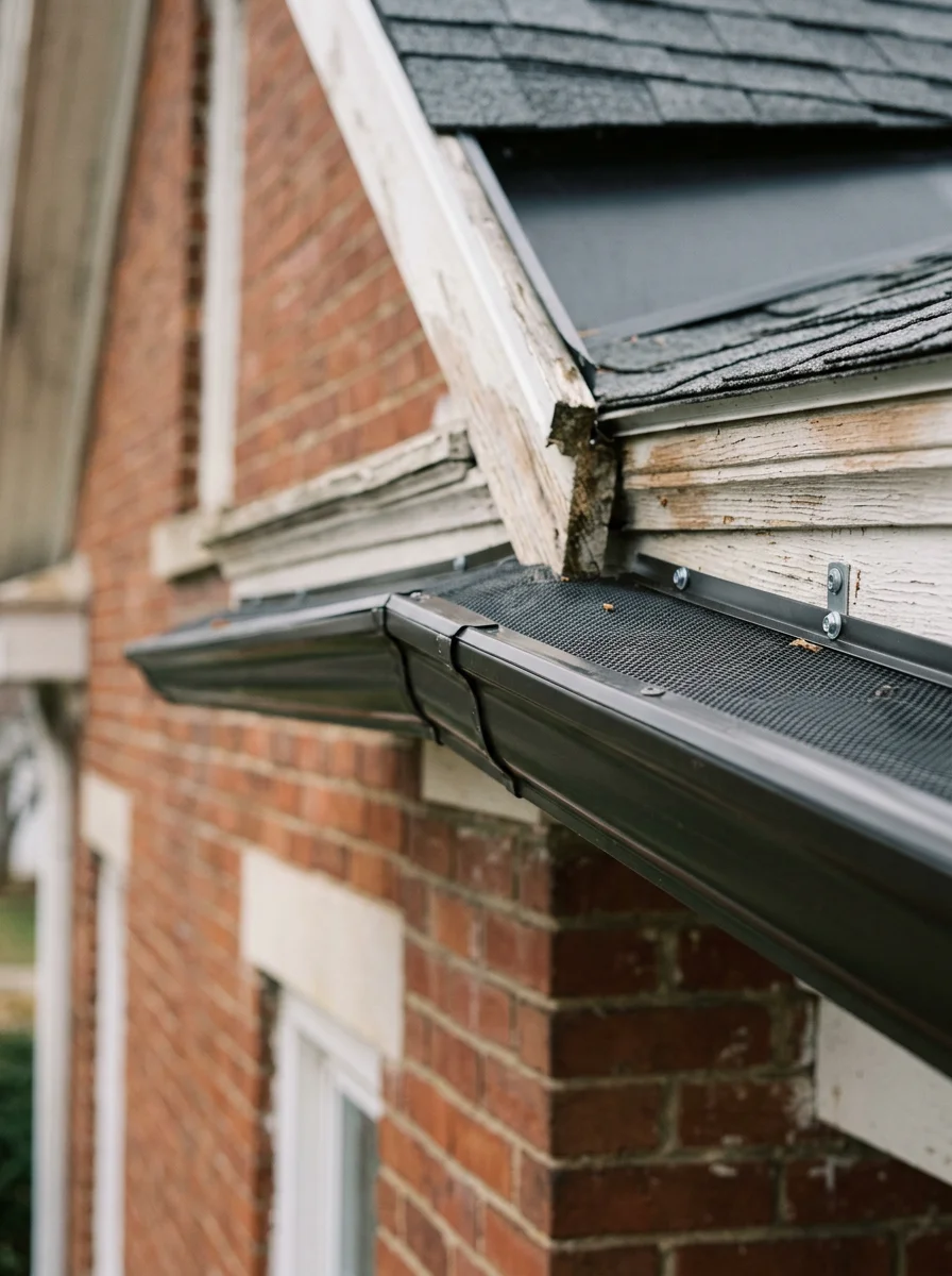 Close-up of gutter guard installation on older home with original wood fascia in Greenwich