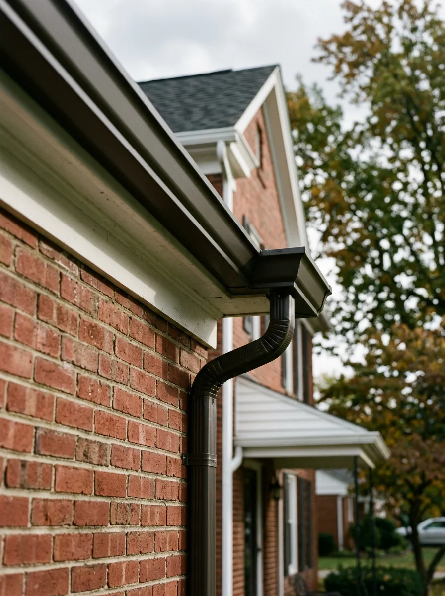 Close-up of seamless gutter installation on brick colonial home in Mansfield, showing proper pitch and downspout connection
