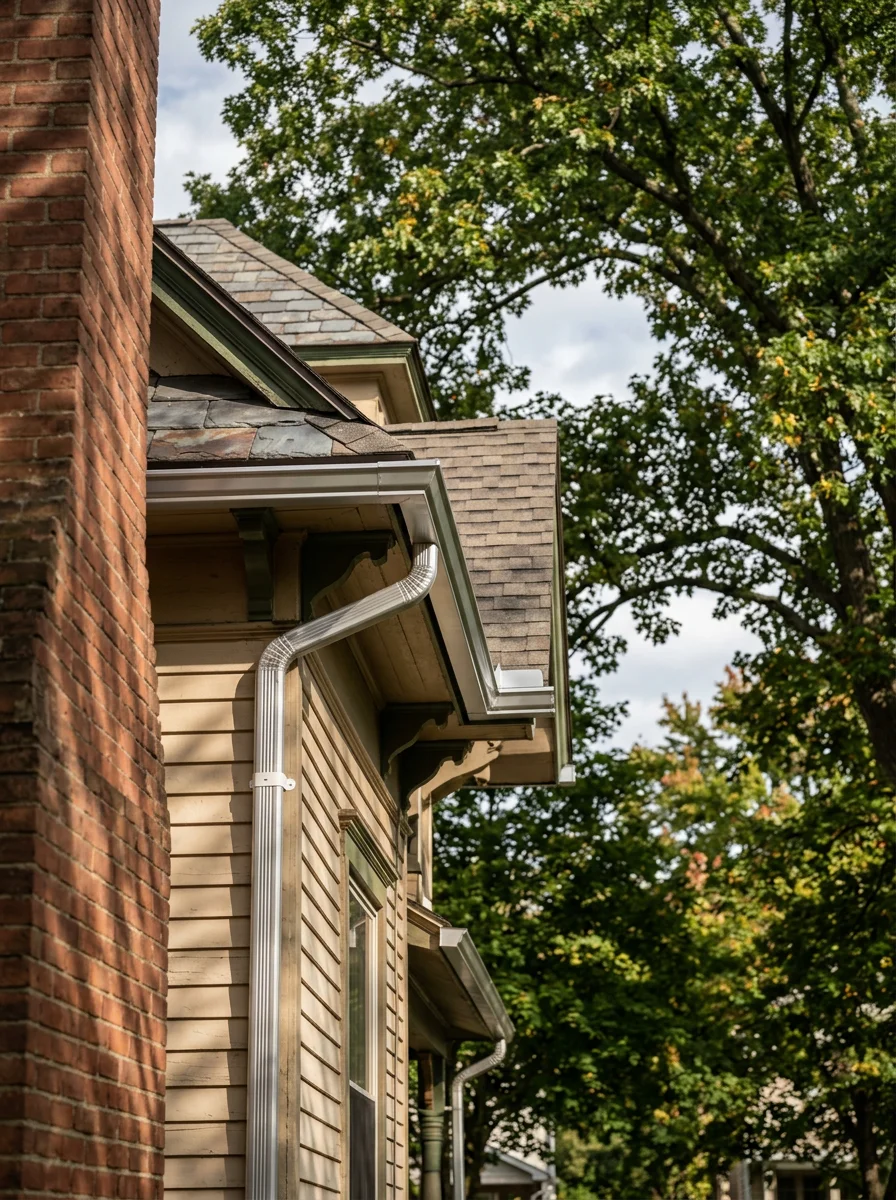 Gutter installation on a Victorian-era home in Milan with mature trees nearby