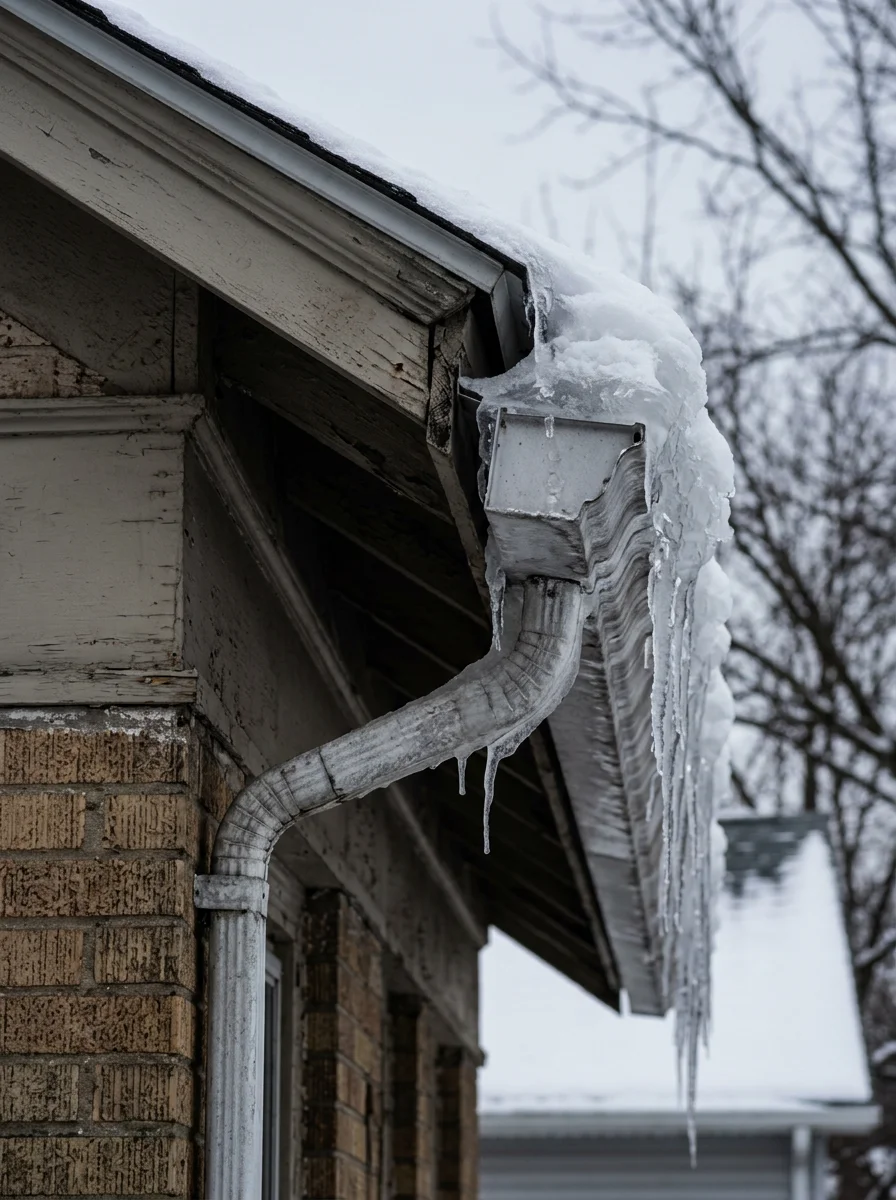 Close-up of gutter system on pre-1940s home showing ice dam formation and snow accumulation