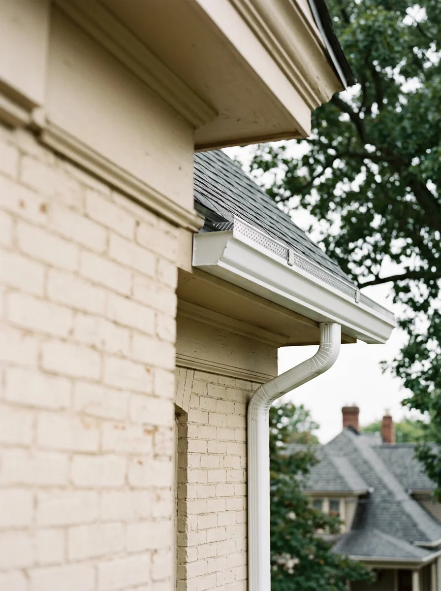 Close-up of seamless gutter system on 1800s Foursquare home in Norwalk showing proper water drainage