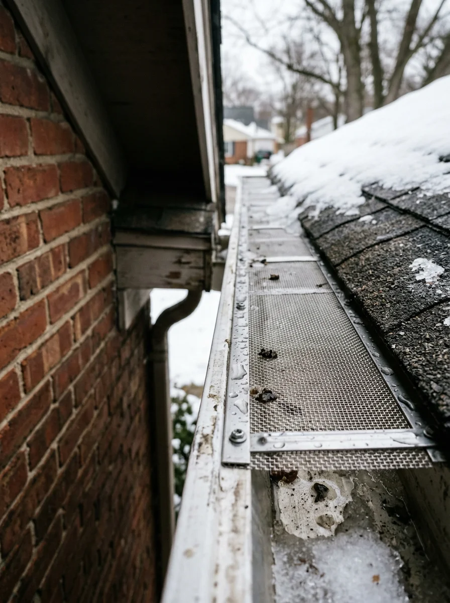 Close-up of gutter guard system protecting a Sandusky home from ice dam formation and spring snowmelt overflow.