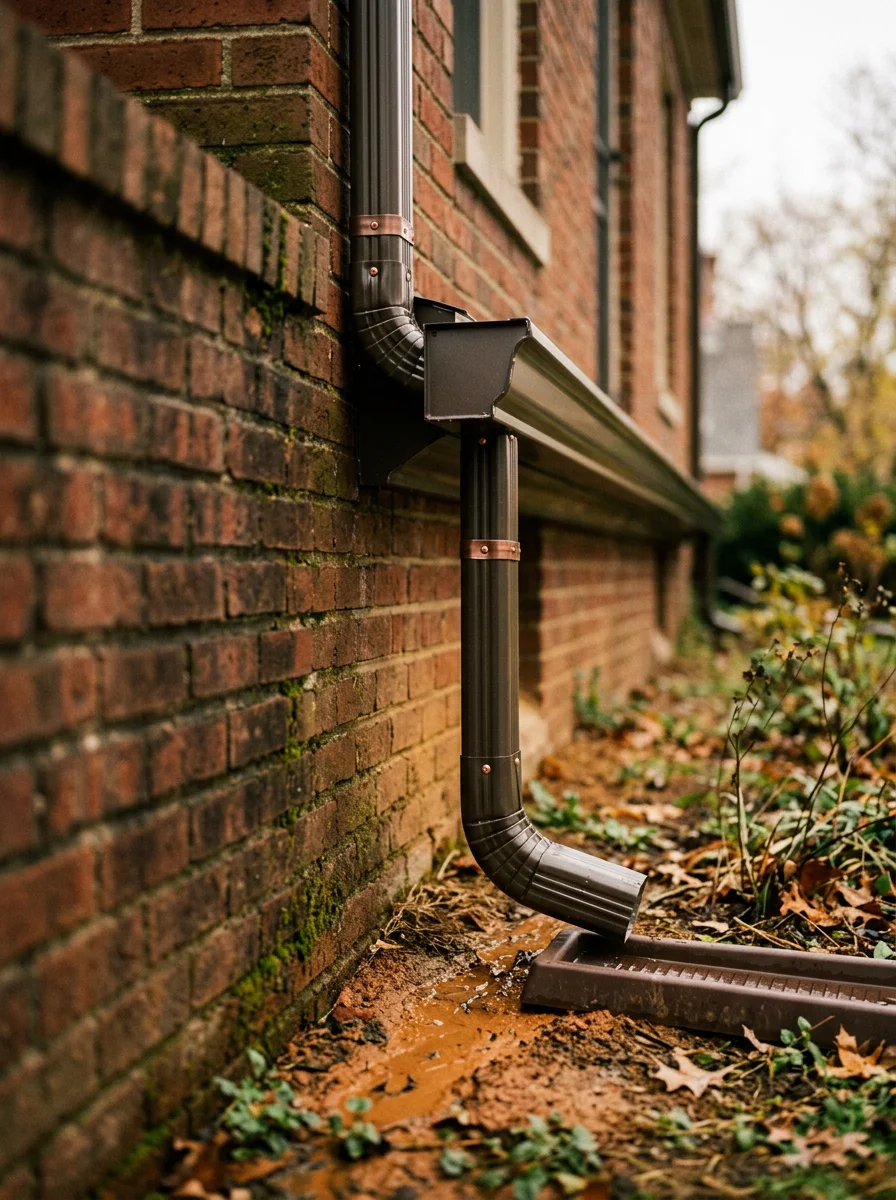 Close-up of gutter system installed on pre-1960 Shelby home, showing proper drainage away from clay soil foundation