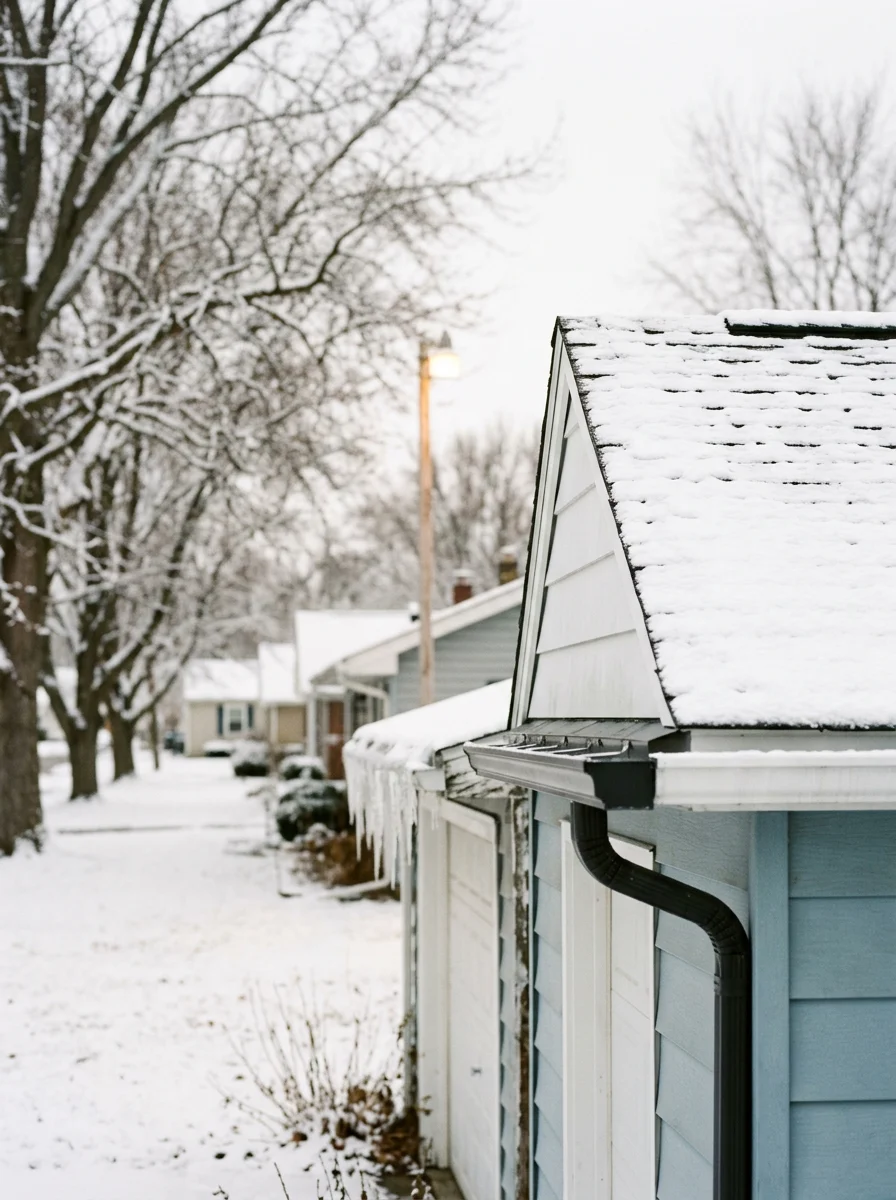 Winter scene in Willard with snow-covered roof and gutters, demonstrating seasonal weather challenges