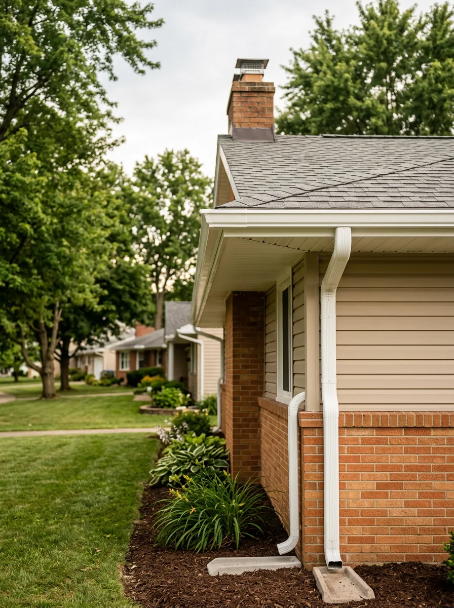 Fascia and soffit replacement on a 1960s ranch-style home in Wooster, with new gutters and downspout routing