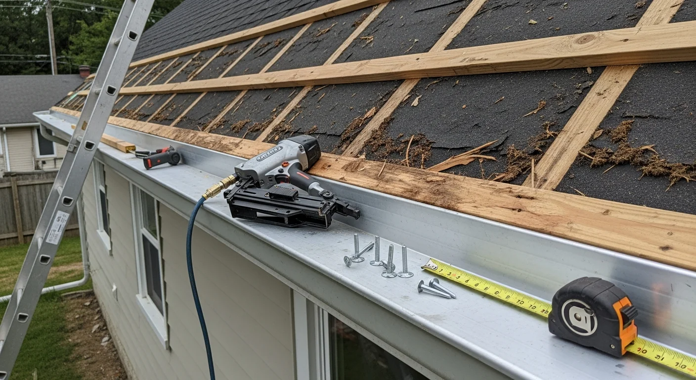 Newly installed fascia boards running along the roofline edge of a residential home in Greenwich, with gutters securely mounted and aligned for proper drainage. Close view shows clean board edges and flush gutter attachment against a wood-framed roofline.