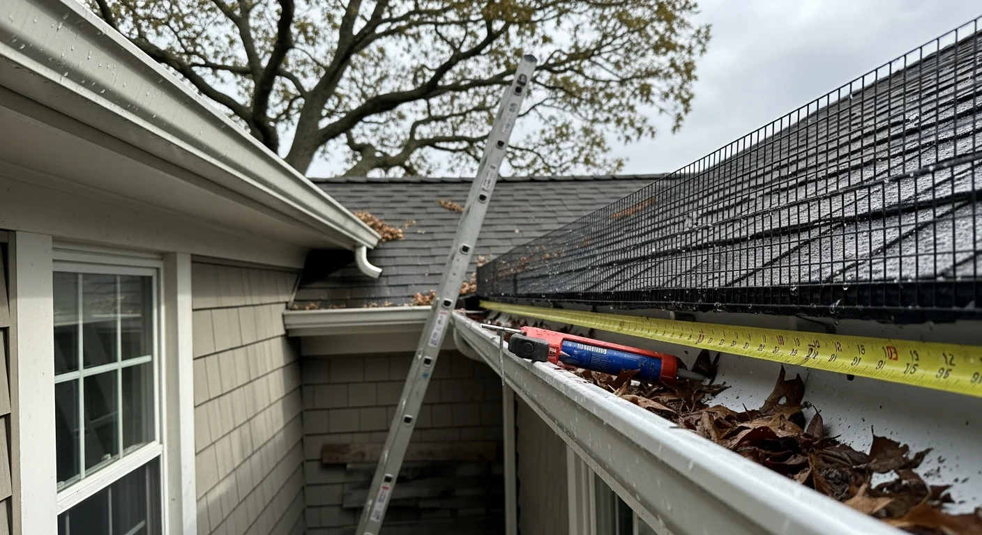 Freshly installed gutter guards running along the roofline of a two-story Greenwich home, with fall leaves resting on top of the guard surface rather than inside the gutter channel. A clear downspout is visible at the corner of the house, showing unobstructed water drainage.