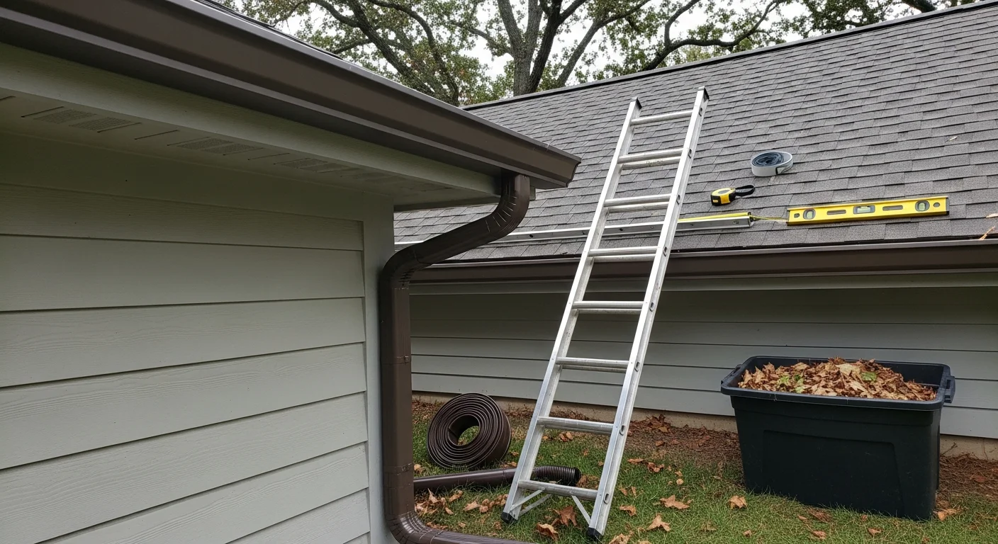 Newly installed seamless gutters running along the roofline of a residential home in Greenwich, CT. A downspout extends from the corner of the house toward a graded lawn, directing water away from the foundation.