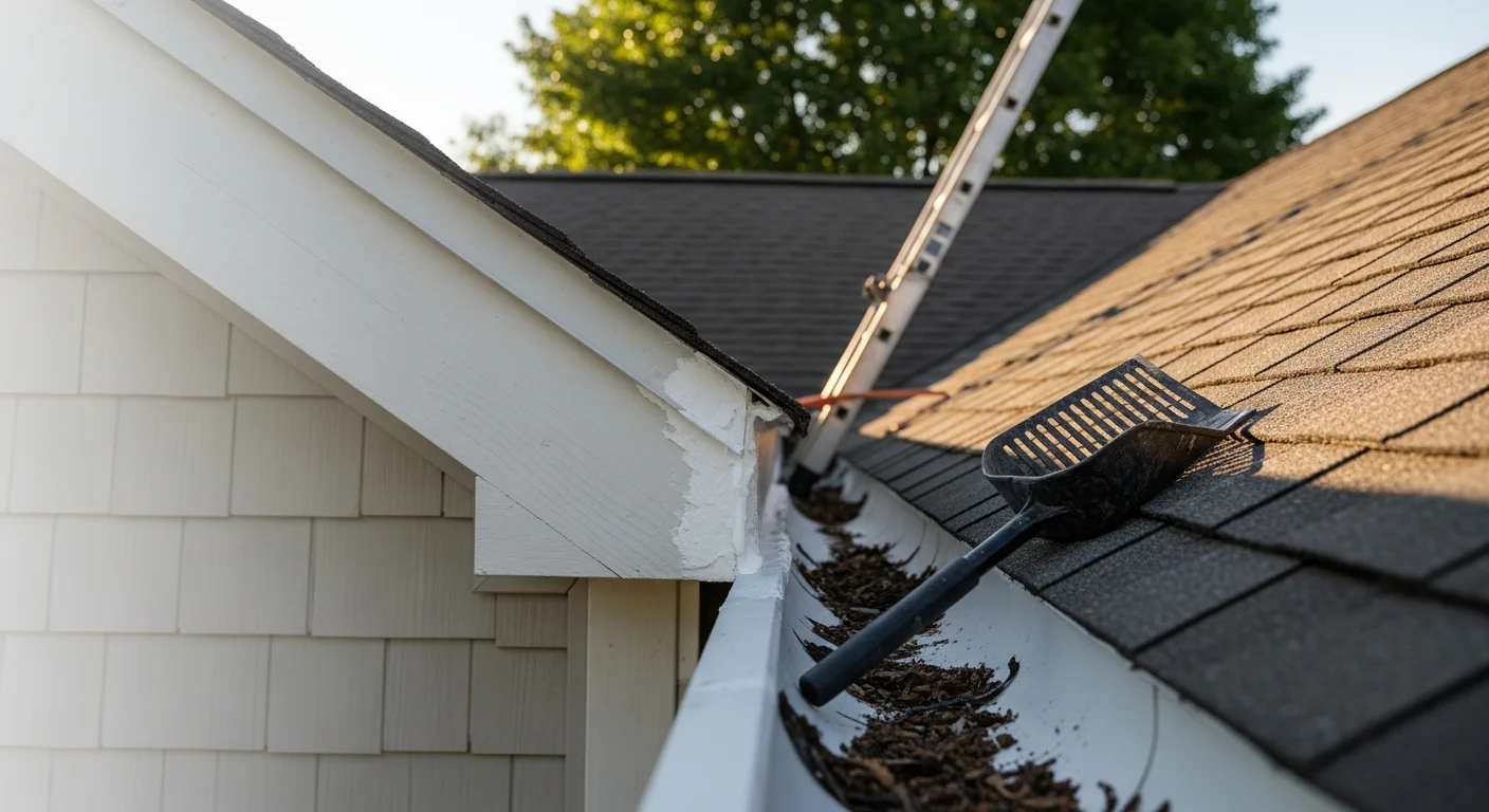 A gutter repair technician re-securing a sagging aluminum gutter section on a two-story residential home in Greenwich, CT. The repaired run shows a clean fascia connection with no visible gaps or rust staining along the roofline.