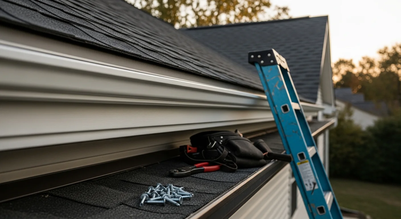 Freshly installed soffit panels along the roofline overhang of a residential home in Greenwich, Connecticut. The panels sit flush against the fascia board with the gutter system visible below.
