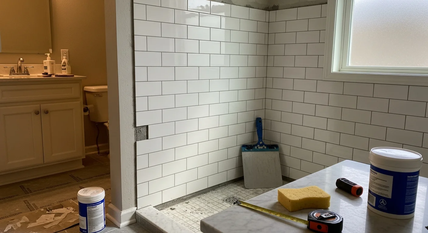 Newly installed floor and shower wall tile in a Greenwich bathroom remodel by Seamless Contracting LLC. The image shows consistent grout lines, a curbless shower entry, and a clean transition between floor and wall tile surfaces.