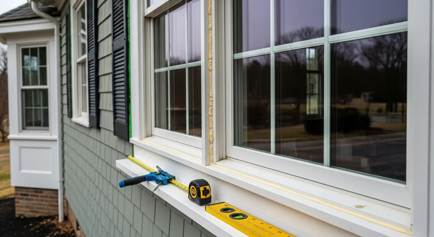A freshly installed double-hung window on a colonial-style home in Greenwich, CT, with clean exterior trim and tight flashing visible along the frame. The surrounding siding shows no gaps or damage, and the window sits flush against the painted wood exterior.