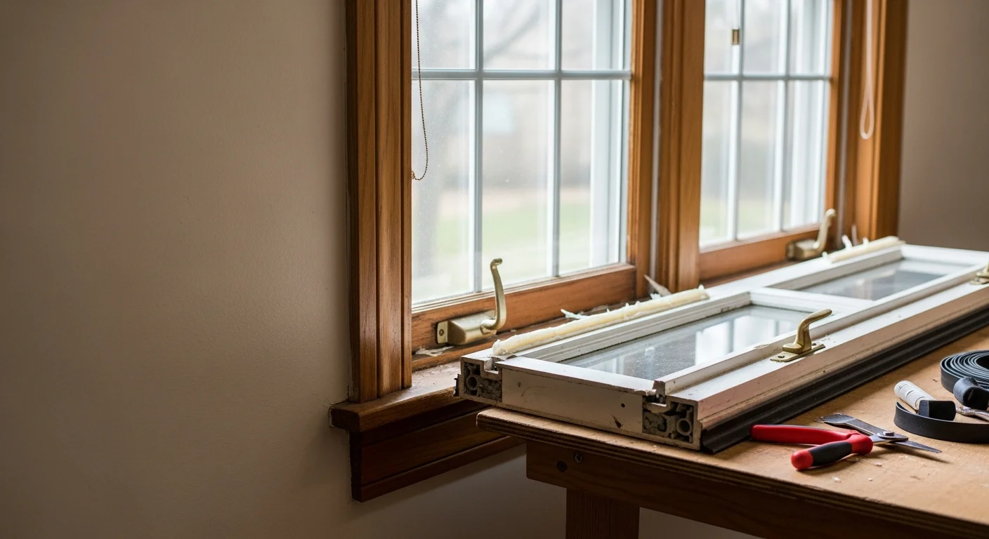 A repaired double-pane window on the exterior of an older Greenwich home, showing a clear glass unit and a clean, intact wood frame. A Seamless Contracting LLC technician inspects the window seal from the outside.