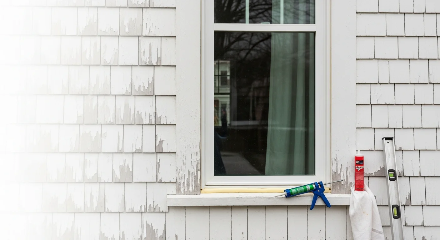 A newly installed double-pane replacement window on a colonial-style home in Greenwich, Connecticut, with clean exterior trim and a tight seal against the painted wood siding. The window overlooks a landscaped front yard typical of Greenwich residential neighborhoods.